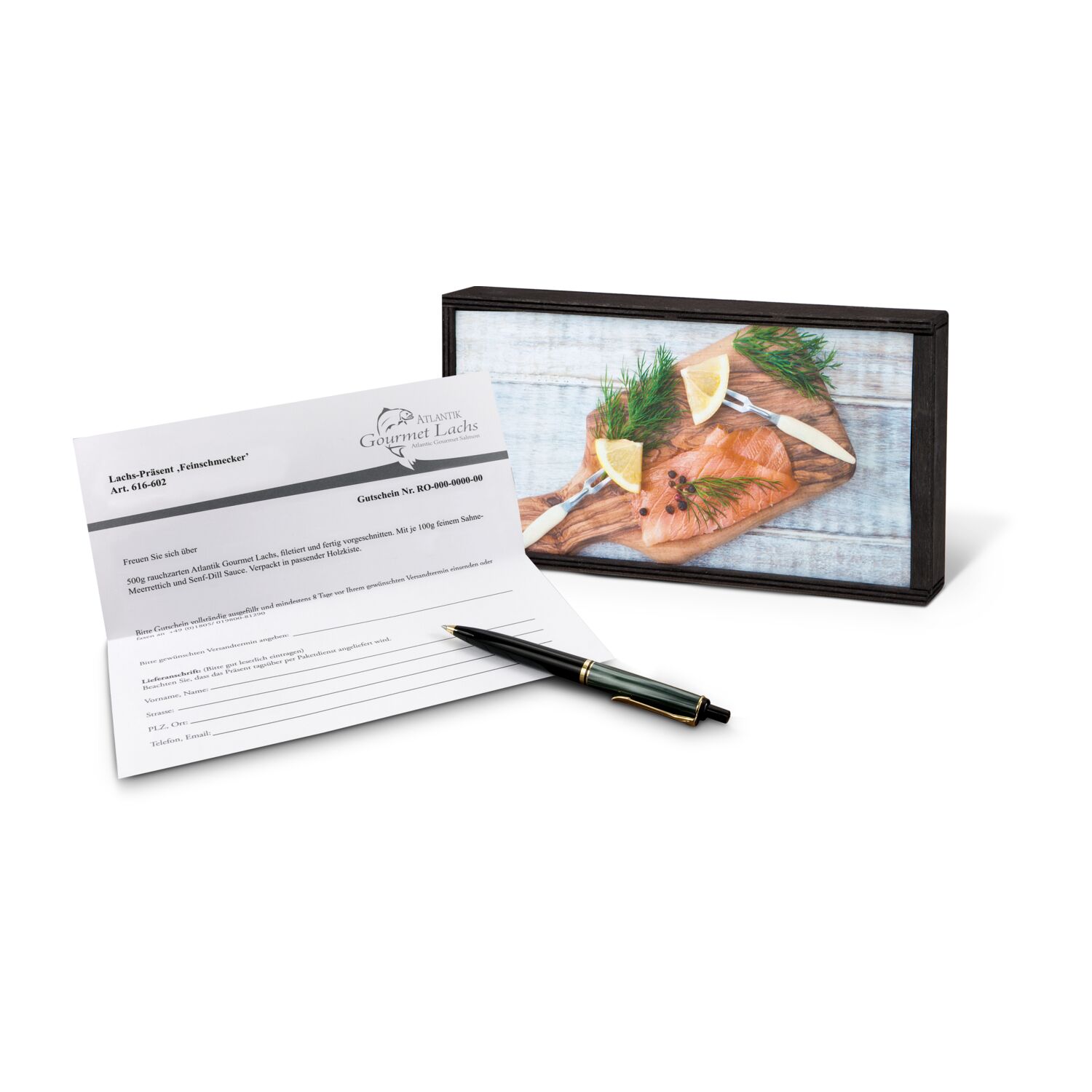 Geschenkartikel / Präsentartikel: Lachs-Gutschein in Holzbox: Feinschmecker 2K1716
