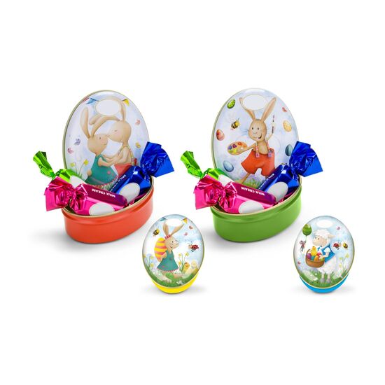 Metalldose mit 3 Schokoladen-Pralinen mit Milchcremefüllung (insgesamt 32 g). Motive sortiert.