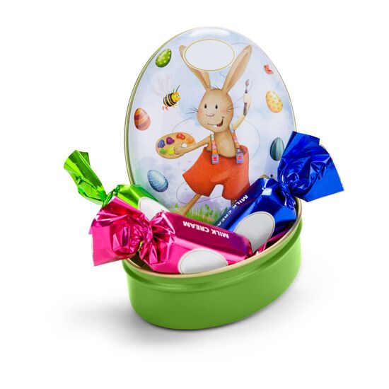 Metalldose mit 3 Schokoladen-Pralinen mit Milchcremefüllung (insgesamt 32 g). Motive sortiert.