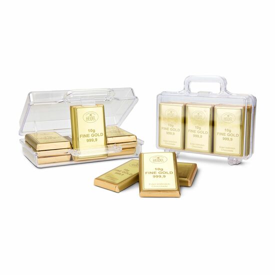 Geschenkartikel: Sie sind Gold wert - Goldkoffer mit 12 Schokoladen Goldbarren (120 g) 2K1723