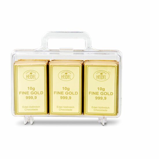 Ein süßer Goldkoffer mit 12 Goldbarren aus Edelvollmilchschokolade (120 g). Erhältlich mit „Sie sind Gold wert” und „Du bist Gold wert”.