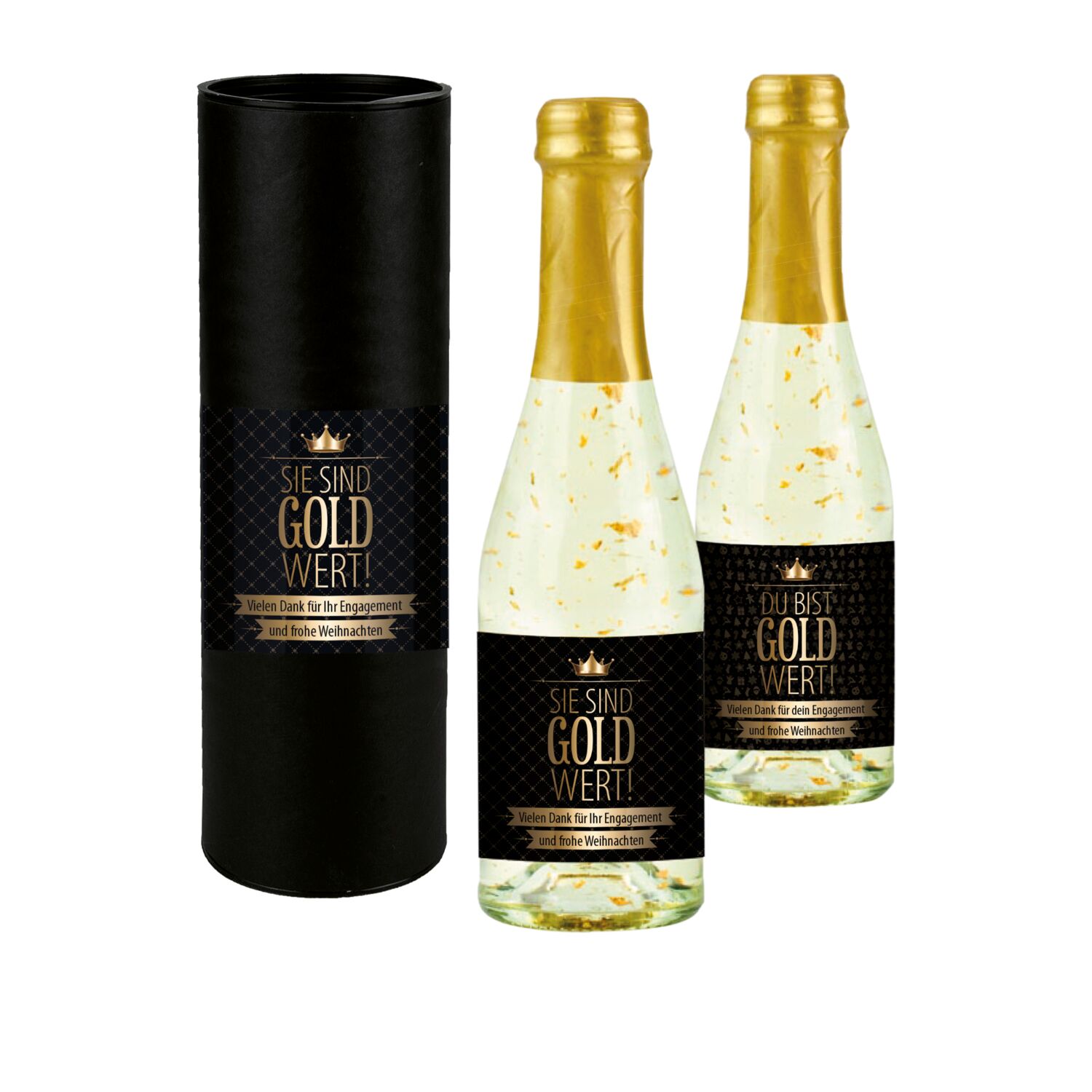 100% Wertschätzung für Mitarbeiter oder Geschäftspartner. Spritziger Golden Flakes Secco Piccolo (0,2 l) mit Blattgold. In Geschenkhülse.