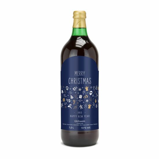 Glühwein - Flasche grün, 1 l - Motiv: Merry Christmas (blau) 2K1941c