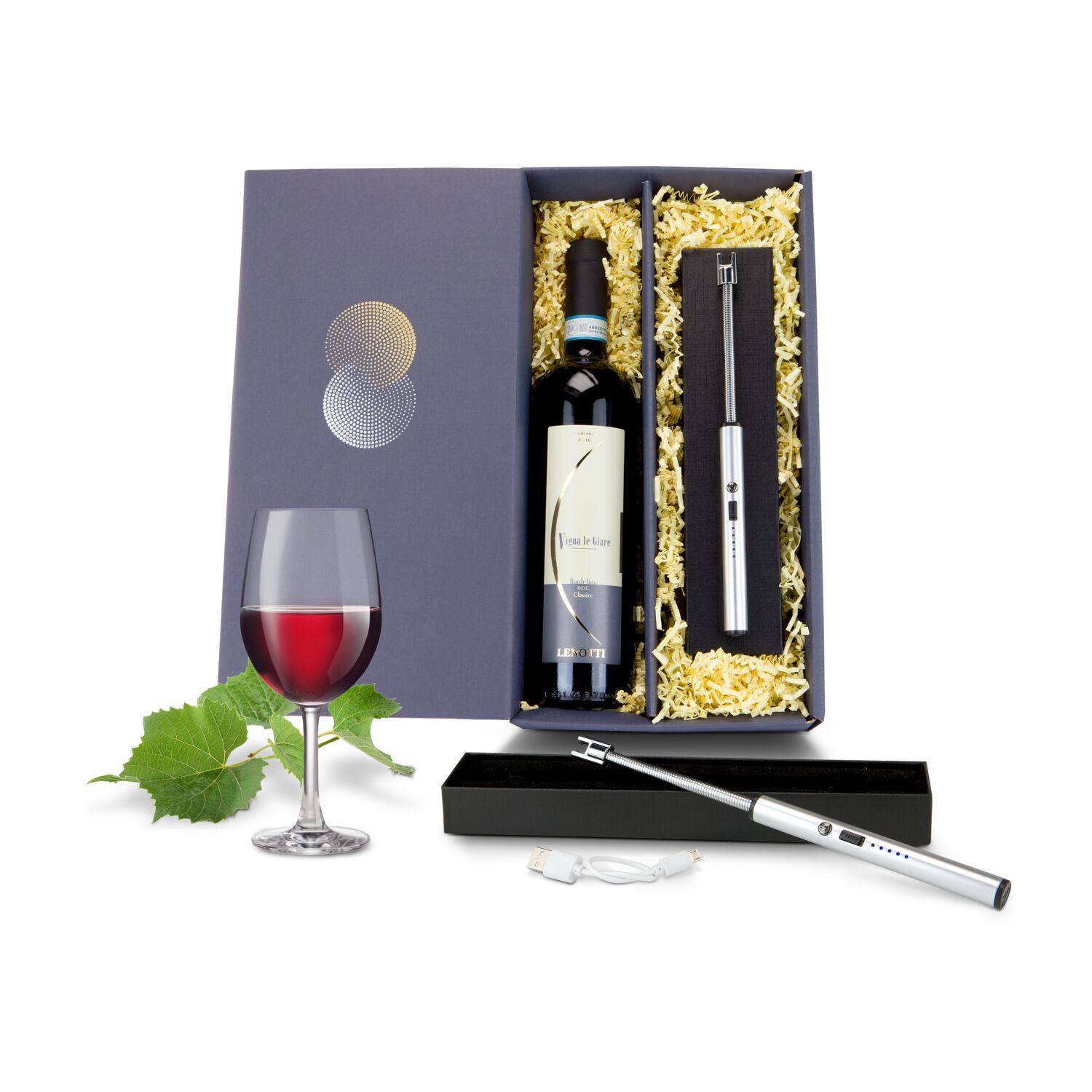 Eine Flasche Bardolino Wein (0,75 l) dazu kombiniert ein Lichtbogenfeuerzeug (kein Benzin oder Gas benötigt, akkubetrieben).