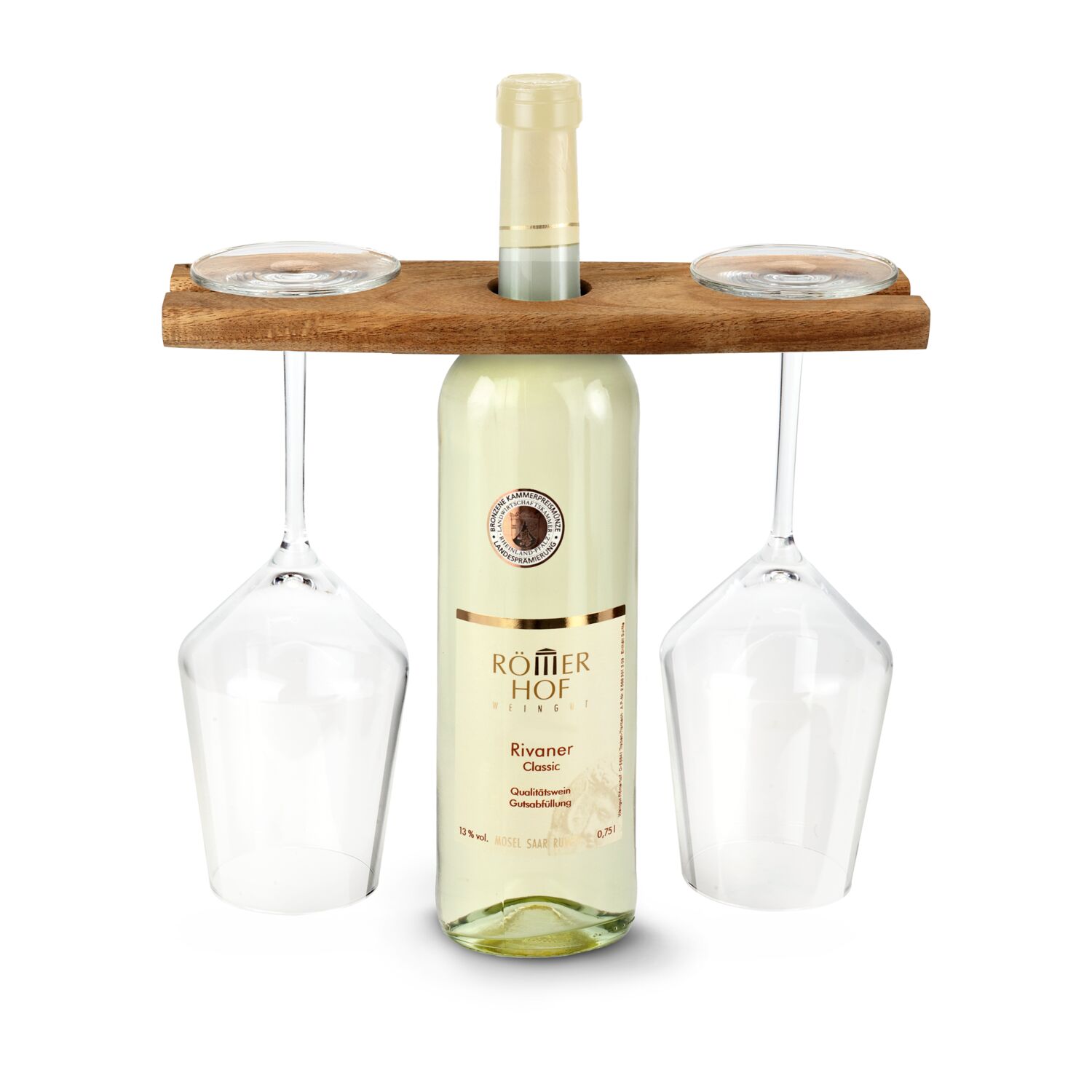 Eine Flasche Cabernet Sauvignon (0,75 l), 2 Rotweingläser, 1 ROMINOX® Weinglashalter aus Holz und dazu 1 ROMINOX® Weinbelüfter-Set