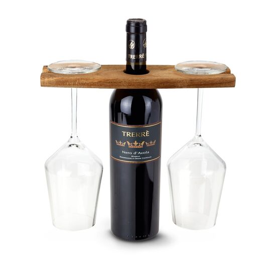 Eine Flasche Cabernet Sauvignon (0,75 l), 2 Rotweingläser, 1 ROMINOX® Weinglashalter aus Holz und dazu 1 ROMINOX® Weinbelüfter-Set