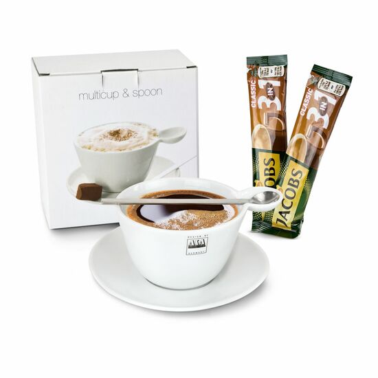 Genießen Sie eine Tasse Kaffee aus der ASA Cappuccinotasse mit Untersetzer und Löffel - 2 Kaffeebeutel 3in1 werden gleich mitgeliefert