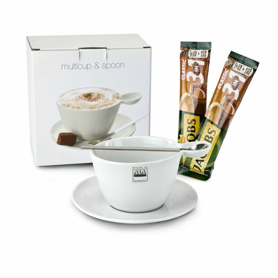 Genießen Sie eine Tasse Kaffee aus der ASA Cappuccinotasse mit Untersetzer und Löffel - 2 Kaffeebeutel 3in1 werden gleich mitgeliefert