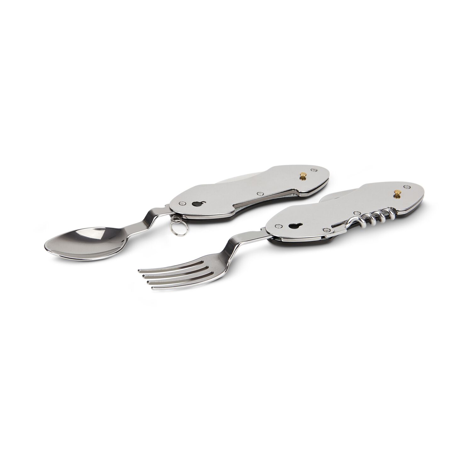 Eine Wurstdose (125 g) und 1 praktisches Camping-Besteck in einer rustikalen Metall-Lunchbox. Das Besteck hat 6 Funktionen für unterwegs!