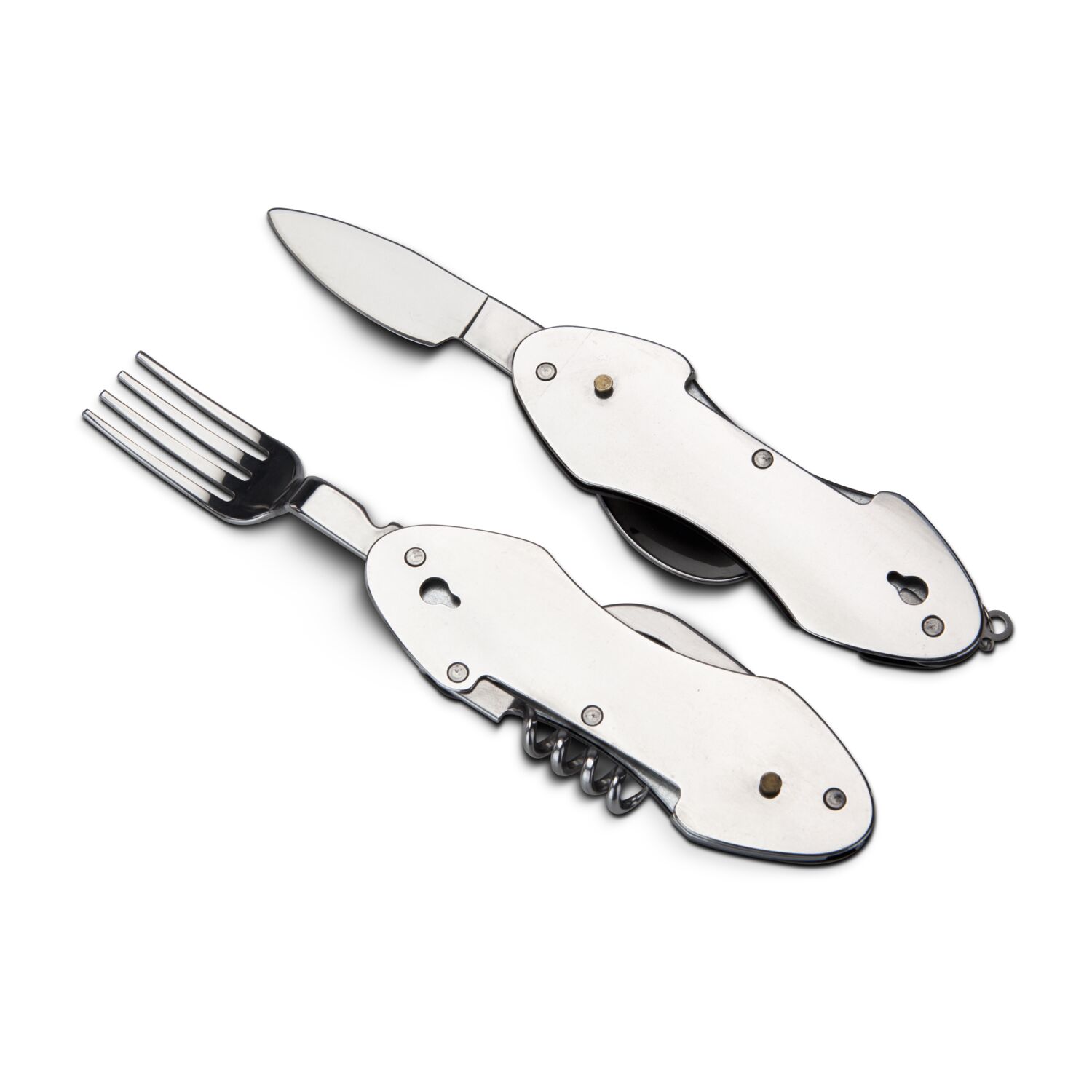 Eine Wurstdose (125 g) und 1 praktisches Camping-Besteck in einer rustikalen Metall-Lunchbox. Das Besteck hat 6 Funktionen für unterwegs!