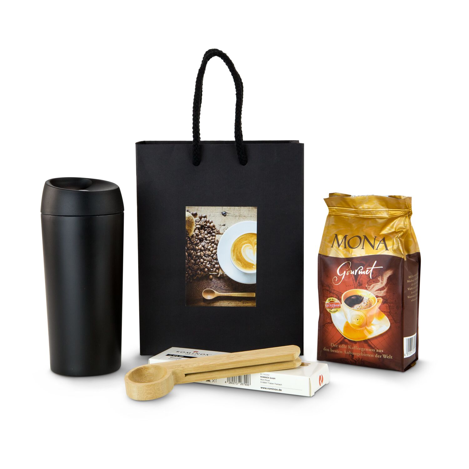 1 ROMINOX® Isolierbecher (ca. 350 ml), 1 Beutel gemahlener Gourmet-Kaffee (150 g) und 1 praktischer ROMINOX® 2in1 Kaffeelöffel.