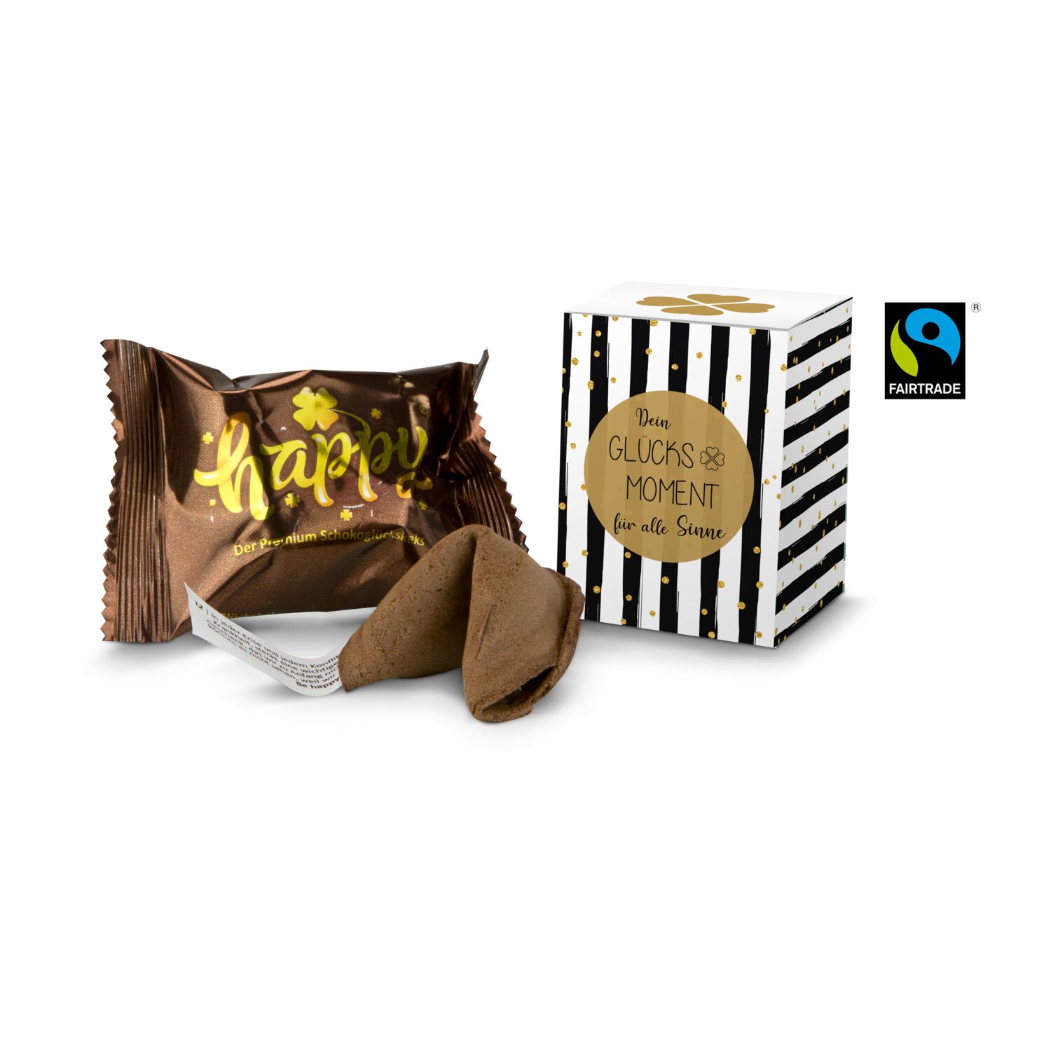 Ein Schokoladen Glückskeks (6 g) verpackt in einer kleinen Schachtel mit „Glücksmoment“ Aufdruck. Hergestellt mit Fairtrade Kakao.