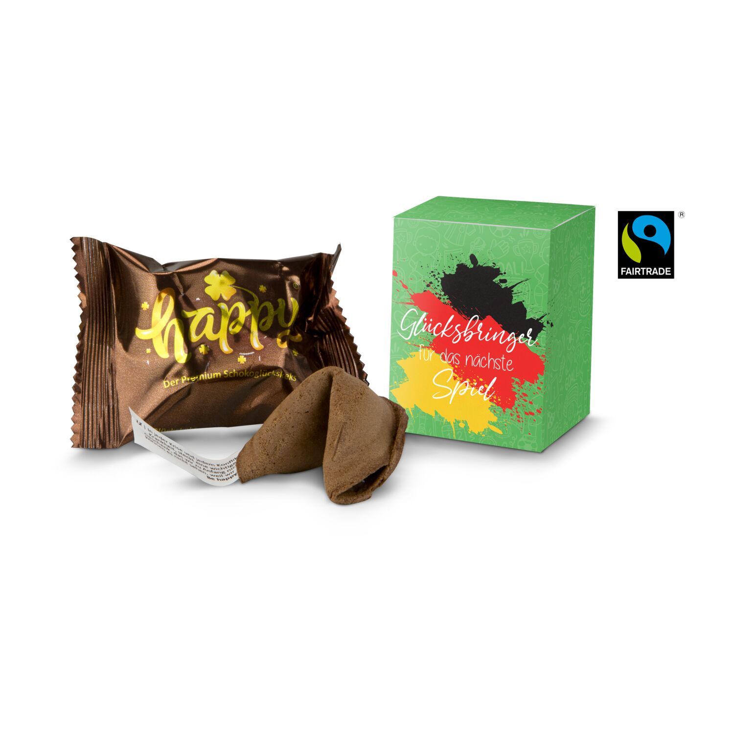 Schokoladen Glückskeks (6 g) als Glücksbringer für das nächste Fußballspiel. Hergestellt mit Fairtrade Kakao.