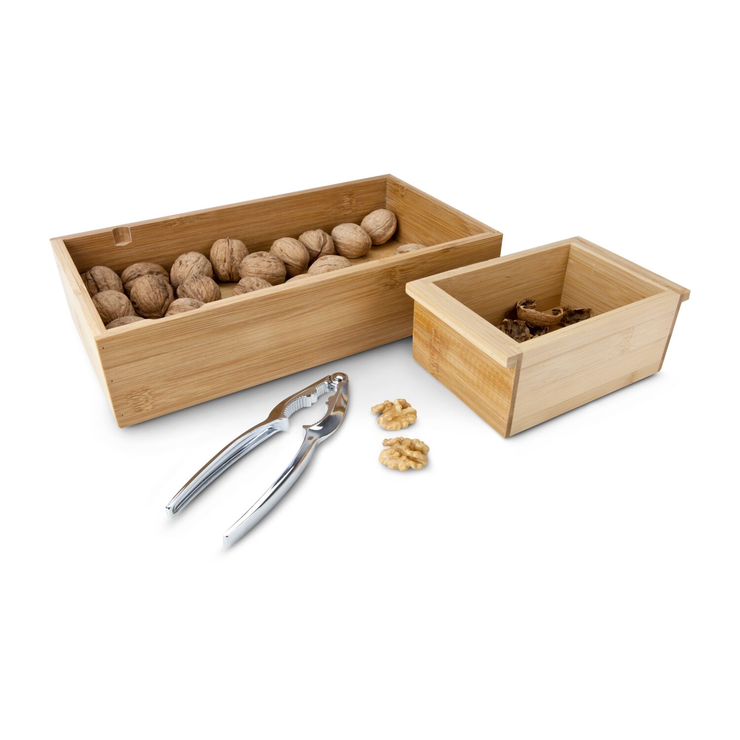 Hochwertiges ROMINOX® Nussknacker-Set aus Holz gefüllt mit 400g Walnüssen. Die Schalen können in dem entnehmbarem Schubfach gesammelt werden