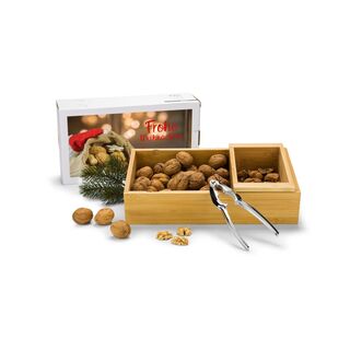 Hochwertiges ROMINOX® Nussknacker-Set aus Holz gefüllt mit 400g Walnüssen. Die Schalen können in dem entnehmbarem Schubfach gesammelt werden