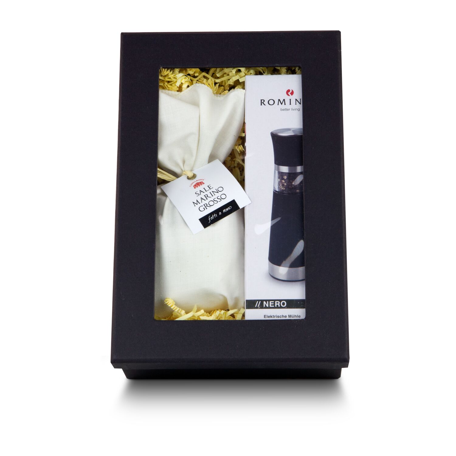 Eine zeitlose Kombination aus einem Säckchen grobem, italienischem Meersalz (500 g) und einer elektrischen Salzmühle von ROMINOX®