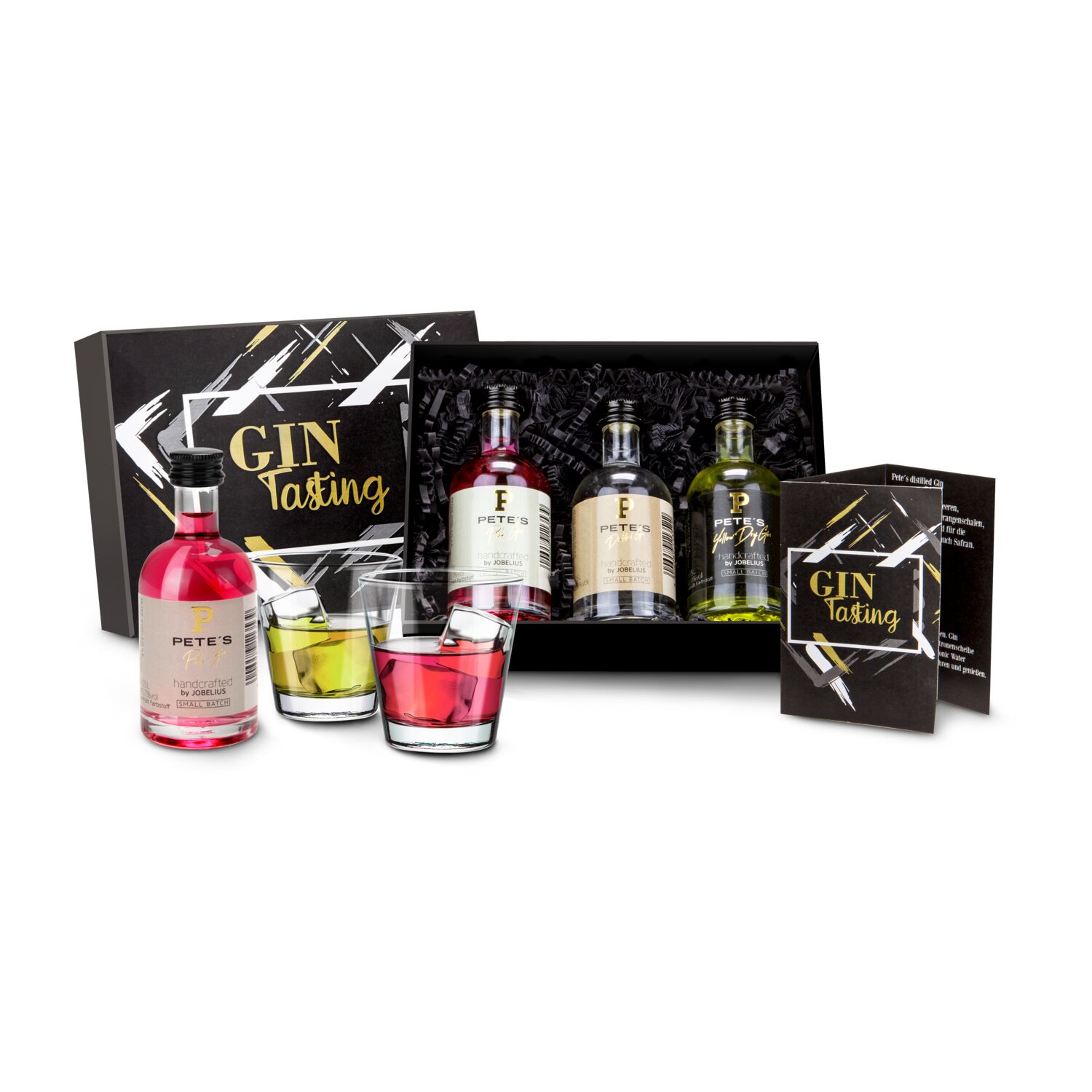 Probieren Sie 3 originelle Gin-Sorten: Yellow, Distilled oder Pink Gin (je 0,05 l) mit Rezeptflyer in eleganter schwarzer Verpackung