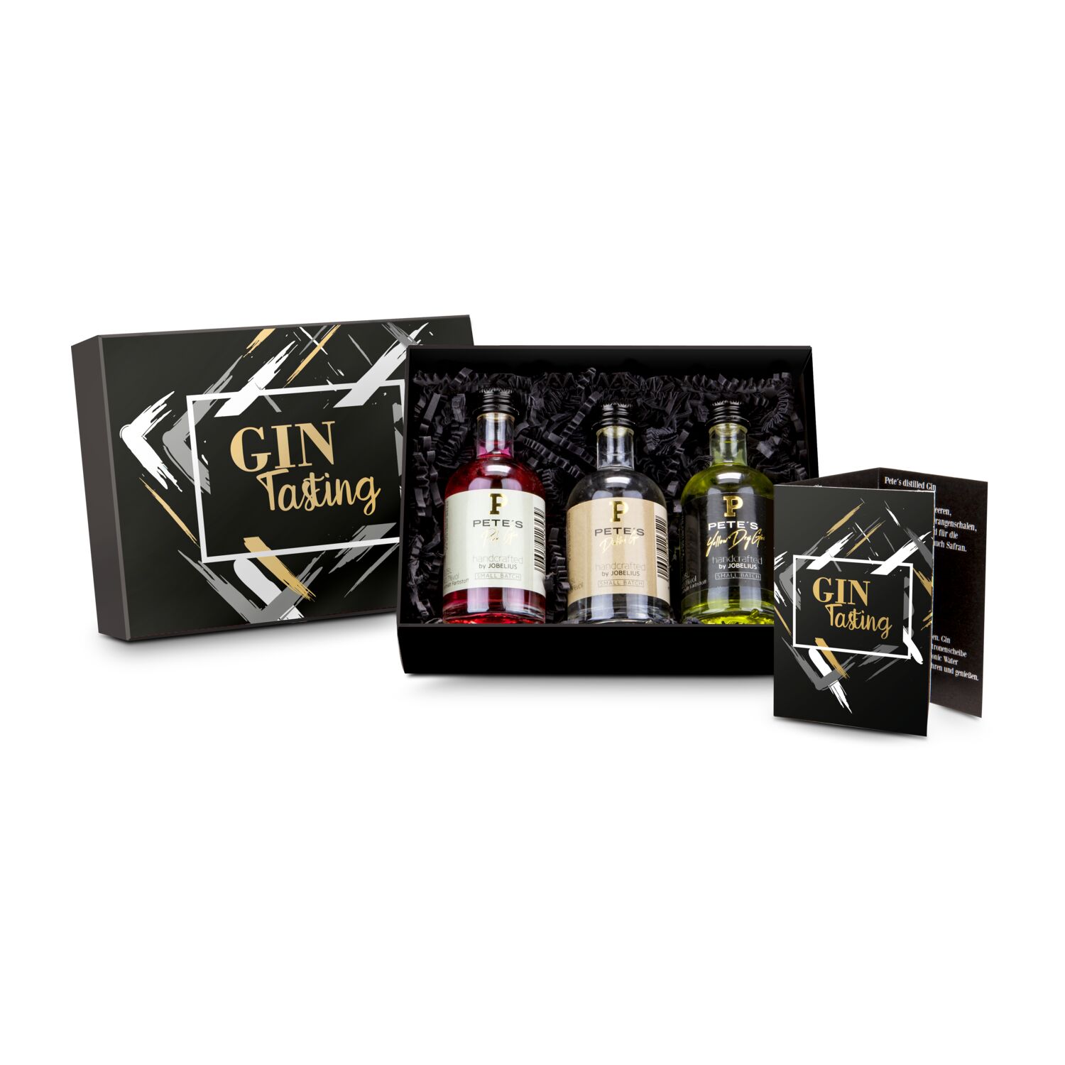 Probieren Sie 3 originelle Gin-Sorten: Yellow, Distilled oder Pink Gin (je 0,05 l) mit Rezeptflyer in eleganter schwarzer Verpackung
