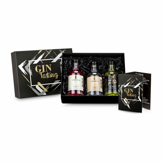 Probieren Sie 3 originelle Gin-Sorten: Yellow, Distilled oder Pink Gin (je 0,05 l) mit Rezeptflyer in eleganter schwarzer Verpackung