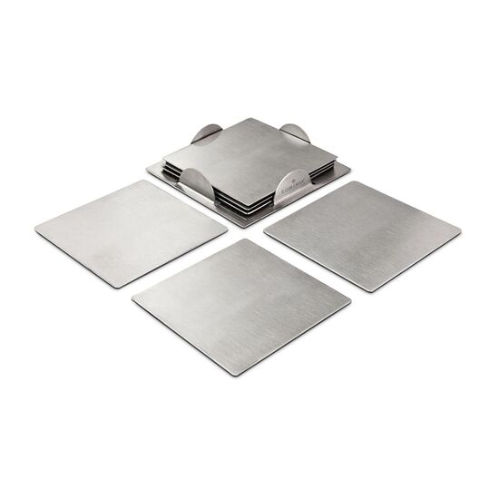 Eine Flasche Rotwein Sangiovese (0,75 l), ein 4er Set ROMINOX® Schiefer Glasuntersetzer und ein 4er Set ROMINOX® Edelstahl Serviettenringe.