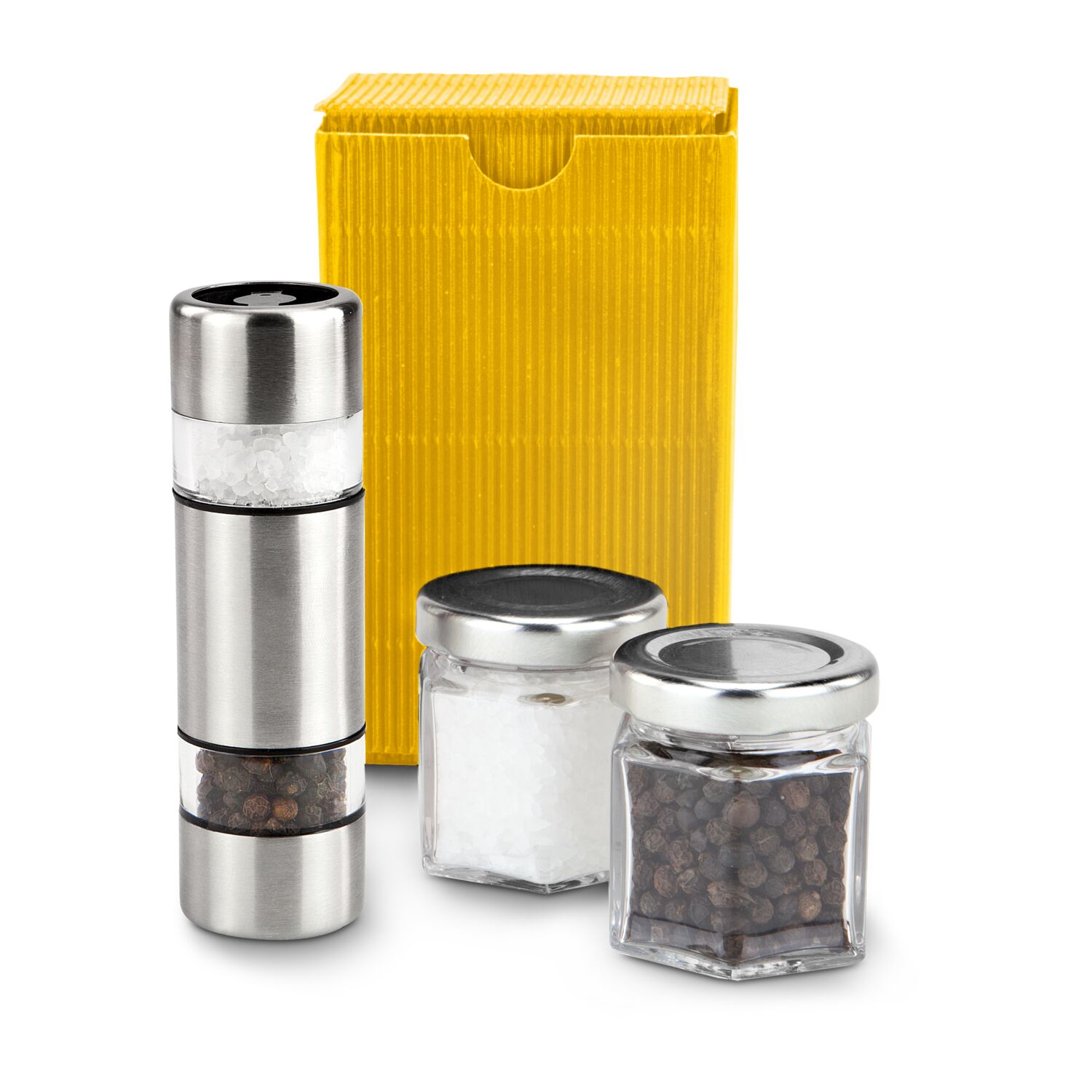 Die ROMINOX® Mühle mit zwei getrennten keramischen Mahlwerken kombiniert mit je einem kleinen Gläschen Salz und Pfeffer