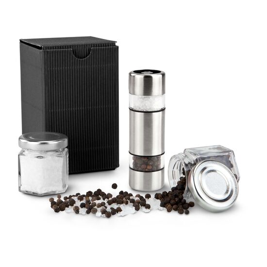 Die ROMINOX® Mühle mit zwei getrennten keramischen Mahlwerken kombiniert mit je einem kleinen Gläschen Salz und Pfeffer