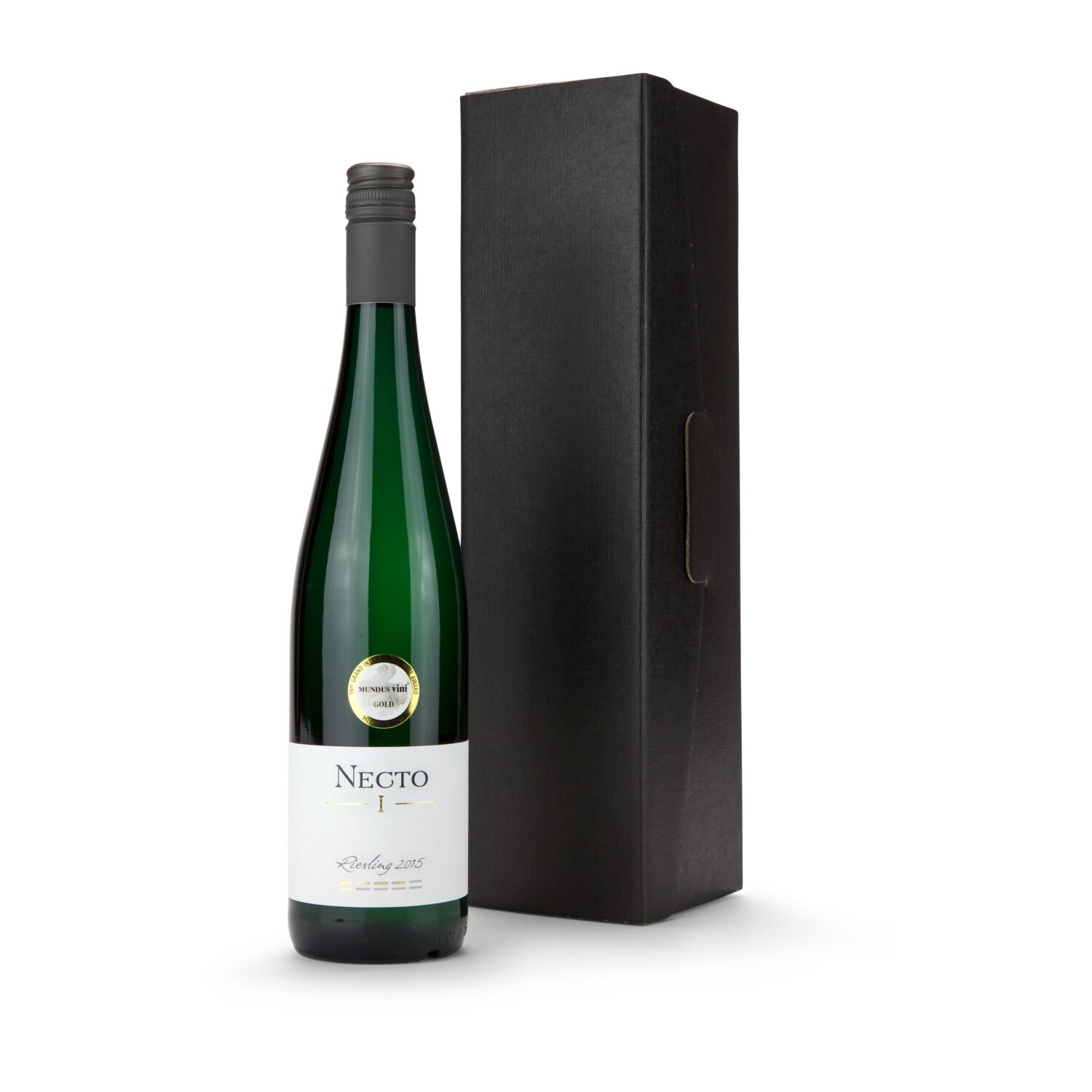 Der Klassiker: Ein Riesling von der Mosel (0,75 l) gebettet auf schwarzem Sizzle in einem schwarzen Geschenkkarton