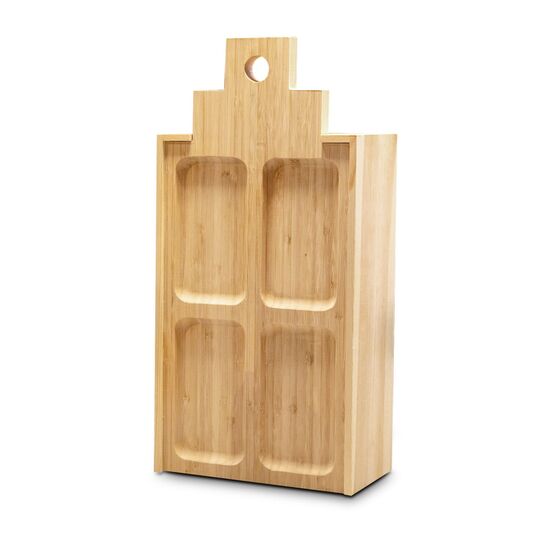 2in1 Holzkiste und Servierbrett befüllt mit 1 Flasche Tapaz Tempranillo Rotwein, 1 Weinkaraffe und 4 ROMINOX® Serviettenringen