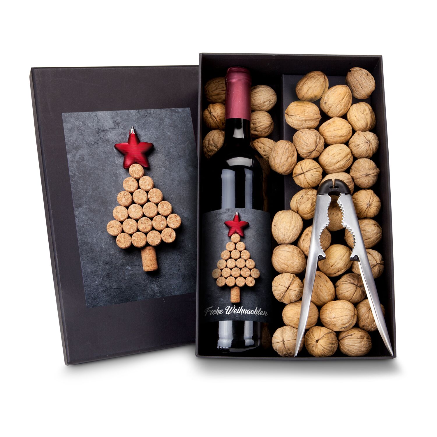 Eine Flasche französischen Rotwein Cabernet Sauvignon (0,75 l), 400 g Walnüsse und einen modernen ROMINOX® Nussknacker.