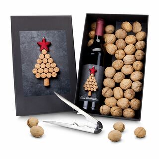 Eine Flasche französischen Rotwein Cabernet Sauvignon (0,75 l), 400 g Walnüsse und einen modernen ROMINOX® Nussknacker.