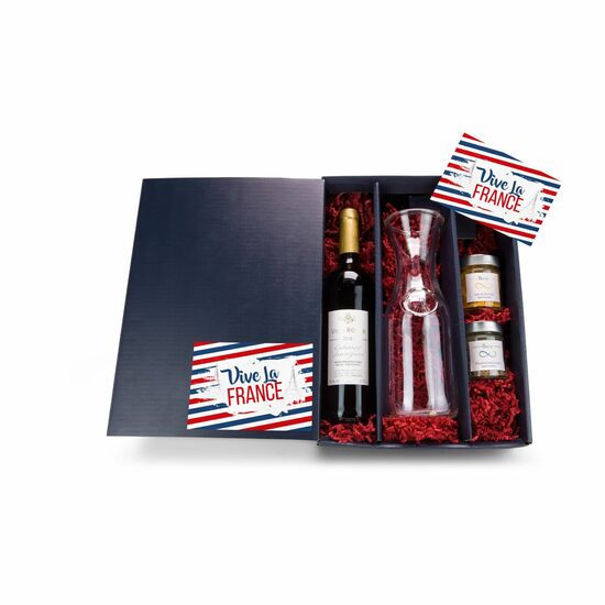 Frankreich für Zuhause: 1 Cabernet Sauvignon, 1 Glaskaraffe, 1 Rezeptkarte, Provence Gewürzsalz (100 g) und Café de Paris Dipmischung (85 g)