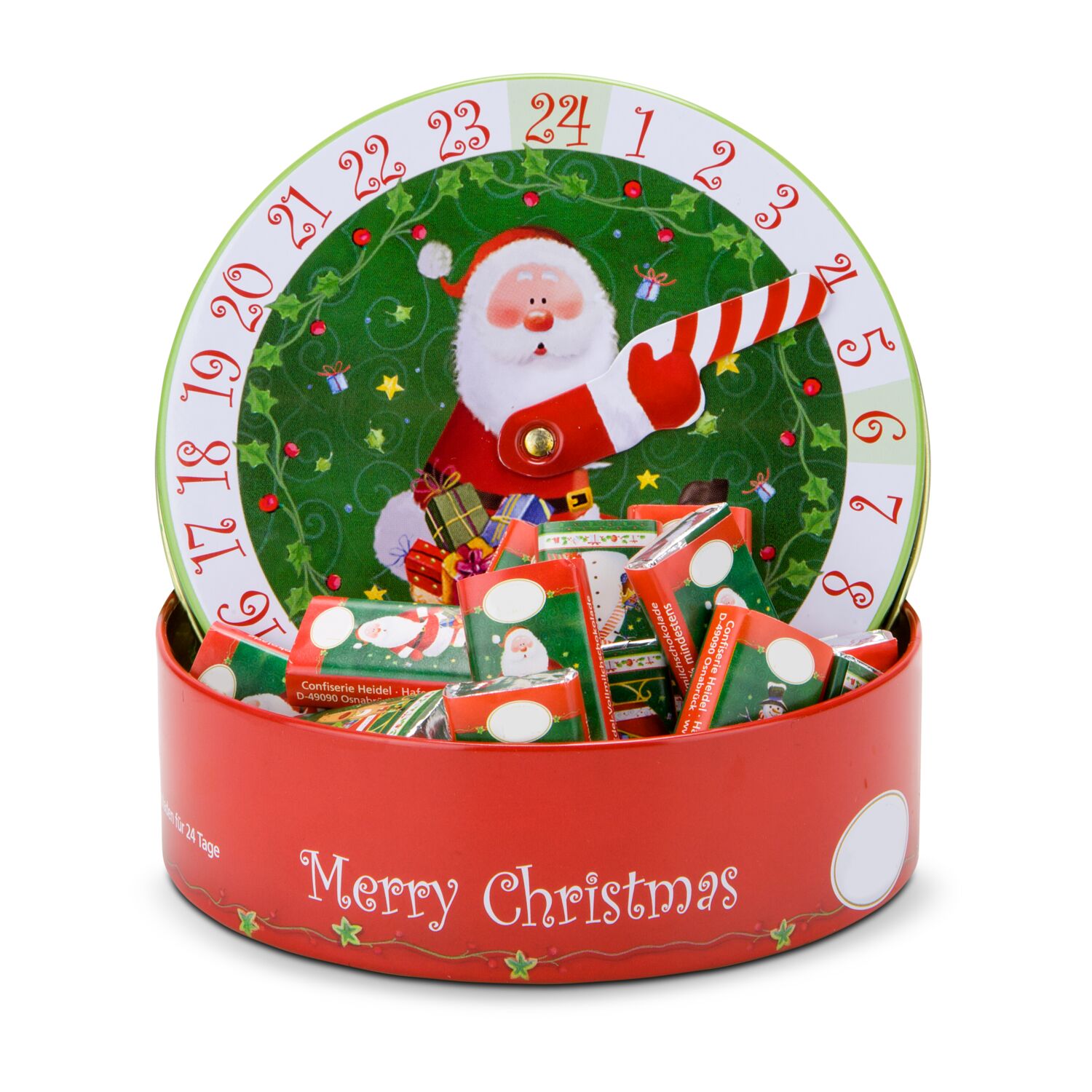 Origineller Adventskalender mit Zeiger und 24 Edel-Vollmilch Schokoladen-Täfelchen. Ein süßes Highlight für jeden Tag im Advent.