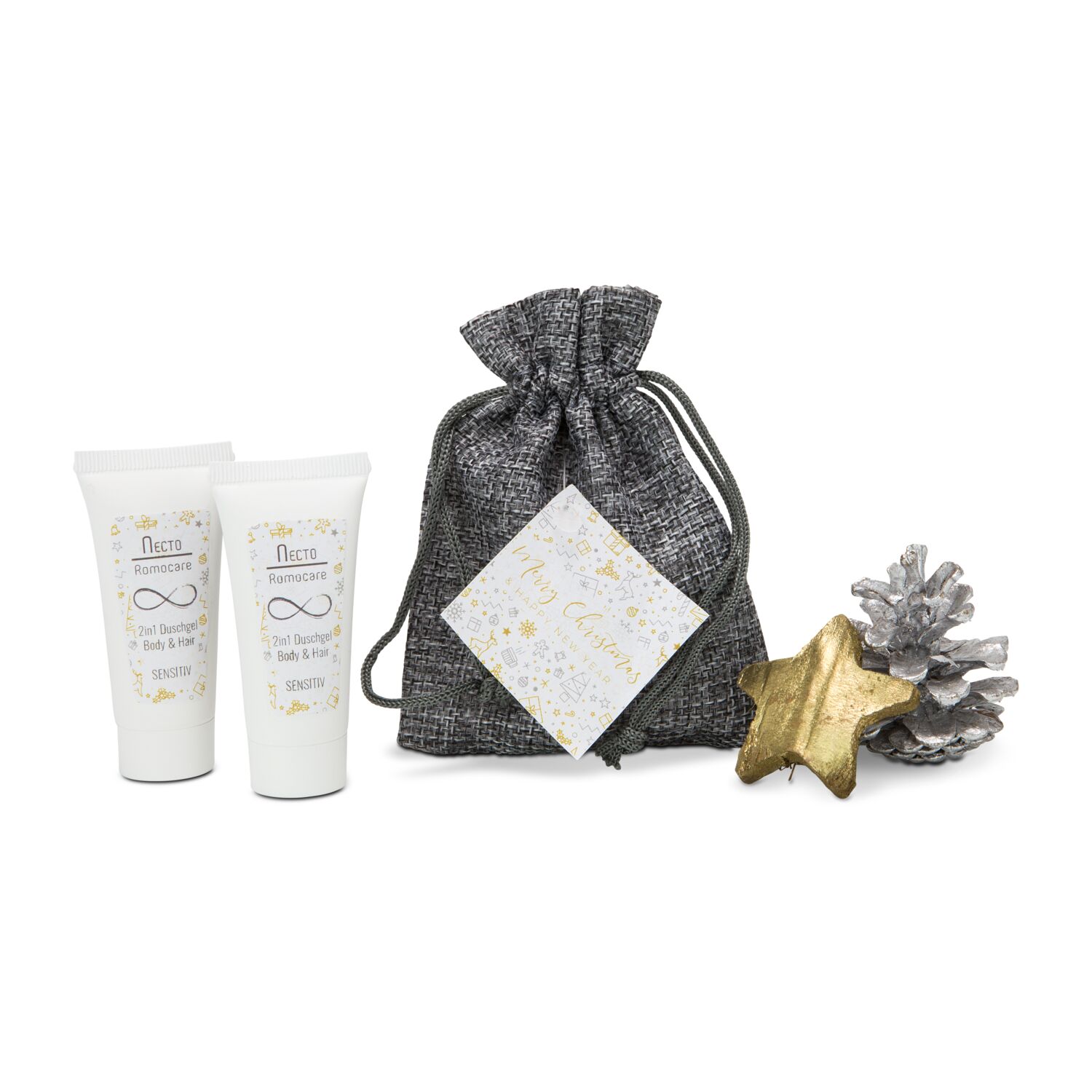 2 Tuben Duschgel Body & Hair Sensitiv (je 20 ml) liebevoll verpackt in einem grauen Säckchen mit weihnachtlichem Geschenkanhänger
