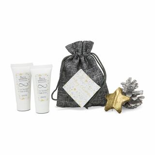 2 Tuben Duschgel Body & Hair Sensitiv (je 20 ml) liebevoll verpackt in einem grauen Säckchen mit weihnachtlichem Geschenkanhänger