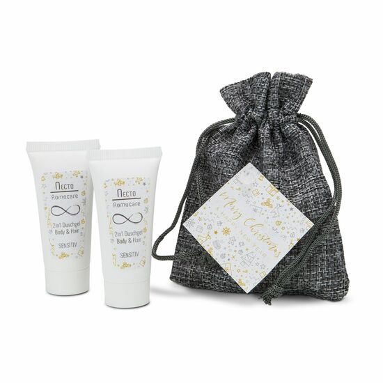 2 Tuben Duschgel Body & Hair Sensitiv (je 20 ml) liebevoll verpackt in einem grauen Säckchen mit weihnachtlichem Geschenkanhänger