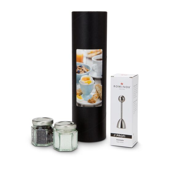 Hübsche Geschenkröhre mit 1 Glas Salz (ca. 40 g), 1 Glas Pfeffer (ca. 20 g) und 1 ROMINOX® Edelstahl Eierköpfer mit Feder