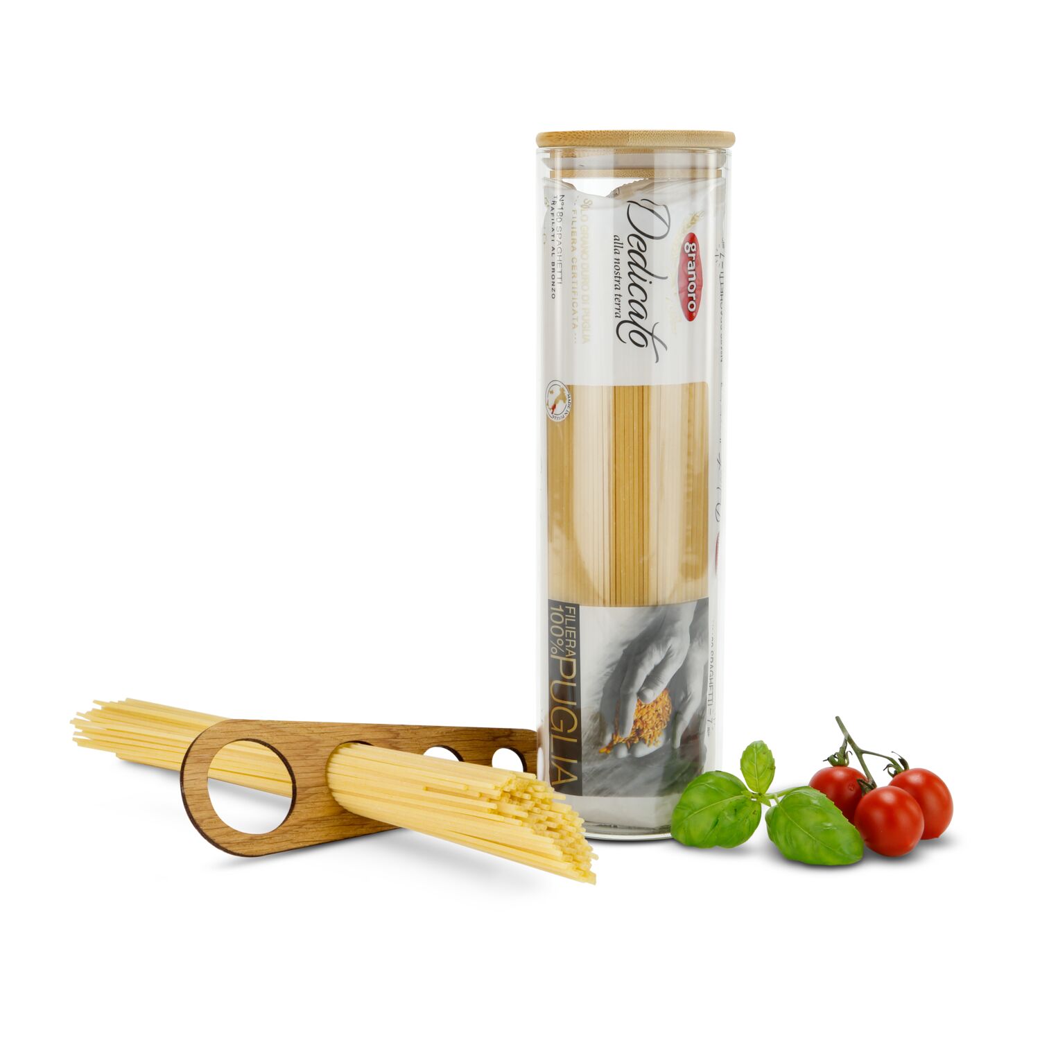 Buon appetito! 2 x 500 g Spaghetti, ein praktisches Spaghettimaß mit 4 Größen verpackt in einem ROMINOX® Spaghettiglas mit Bambusdeckel.