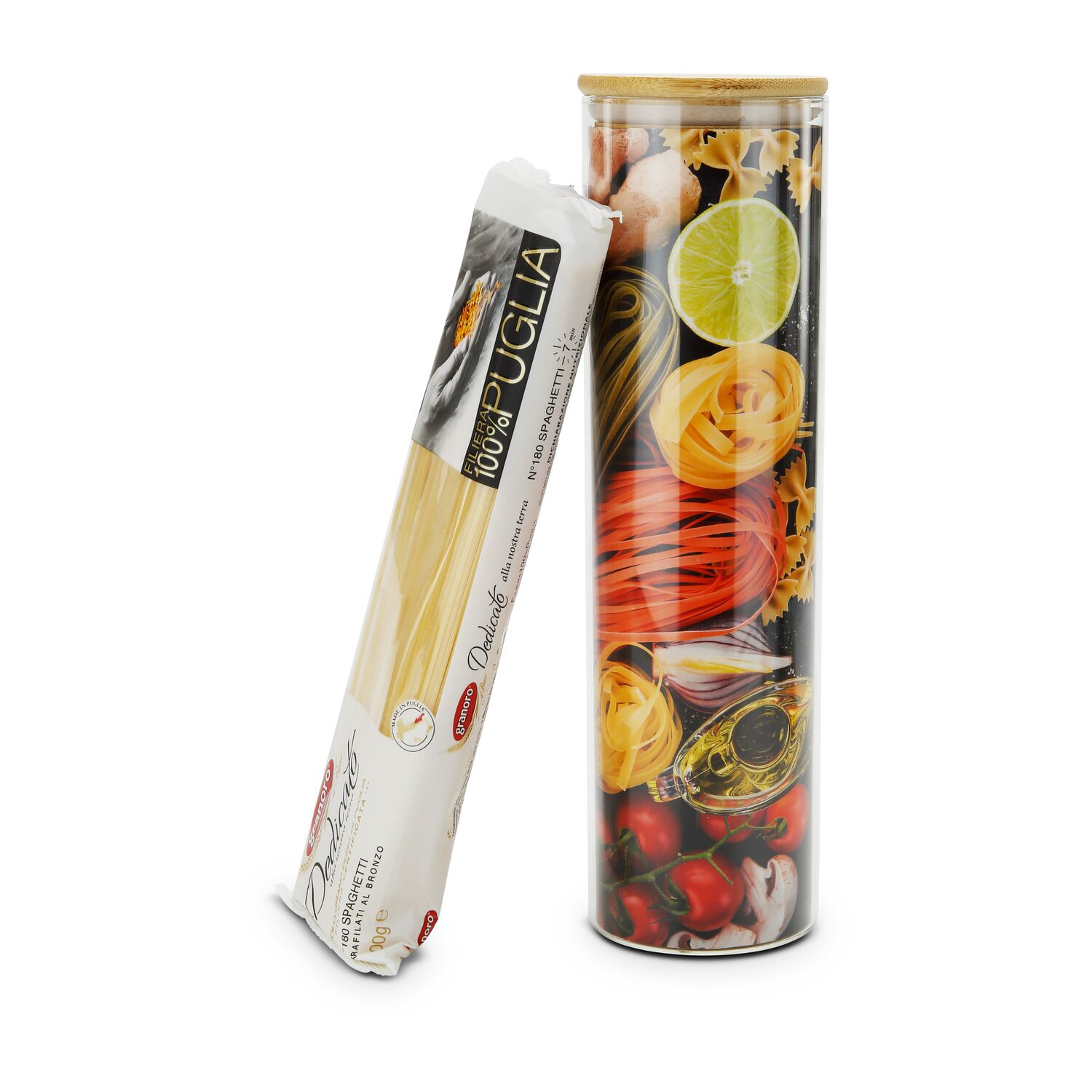 Buon appetito! 2 x 500 g Spaghetti, ein praktisches Spaghettimaß mit 4 Größen verpackt in einem ROMINOX® Spaghettiglas mit Bambusdeckel.