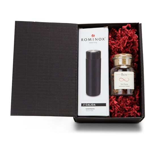 ROMINOX® Isolierflasche Calida (ca. 350 ml) kombiniert mit leckerem Früchtetee im Korkenglas (ca. 45 g). Im schwarzen Geschenkkarton.