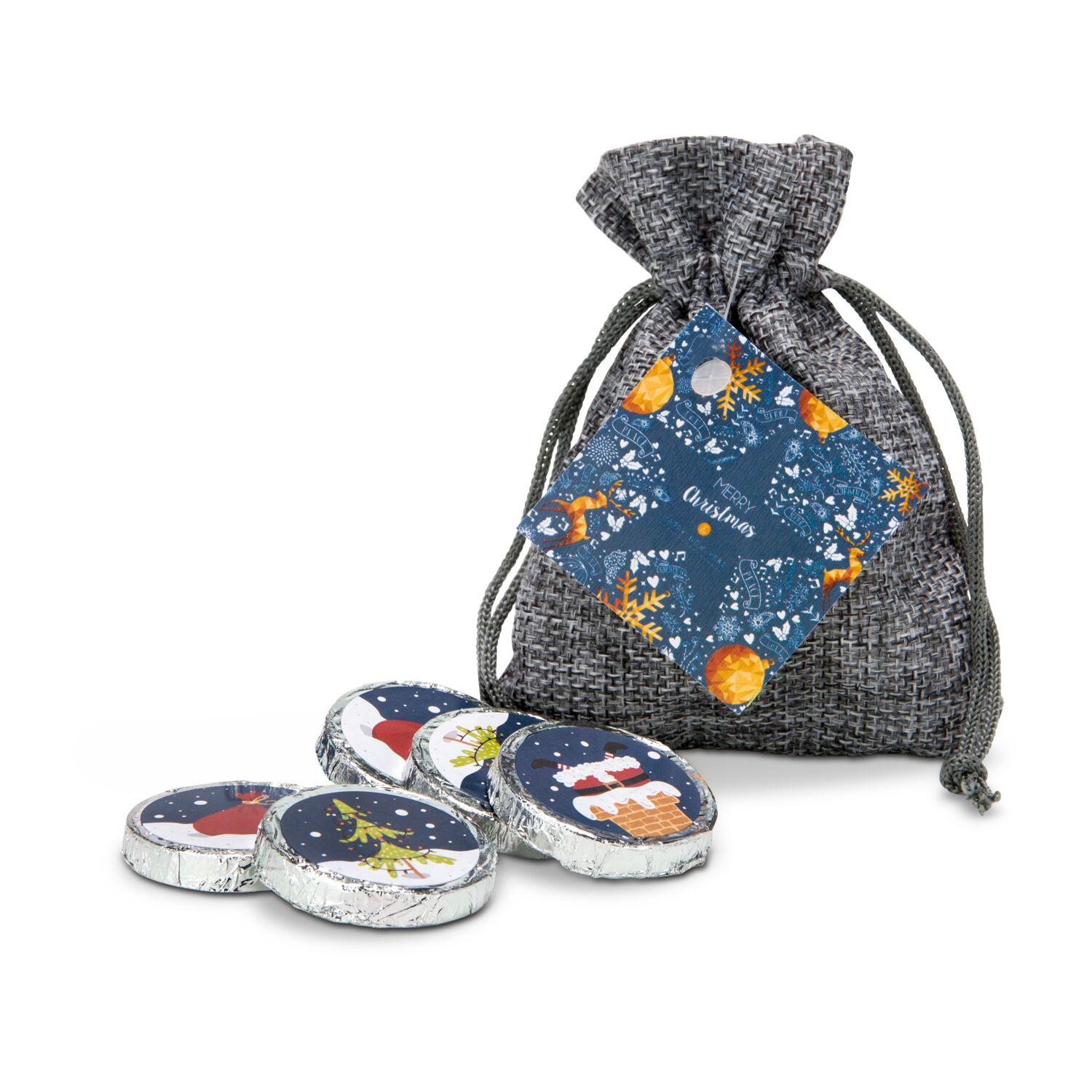 Das graue Säckchen enthält 5 Vollmilchtaler (je 8 g) und trägt einen hübschen weihnachtlichen Geschenkanhänger