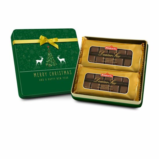 Diese weihnachtliche Metalldose ist gefüllt mit 20 Dominosteinen aus edler Zartbitterschokolade (250 g)