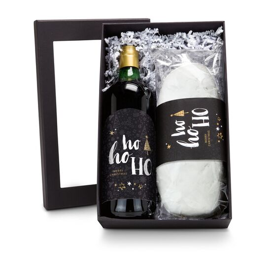 1 Glühpunsch (1 l, alkoholfrei) und 750 g Christstollen jeweils im festlichen Weihnachtsdesign verpackt im schwarzen Karton mit Sichtfenster