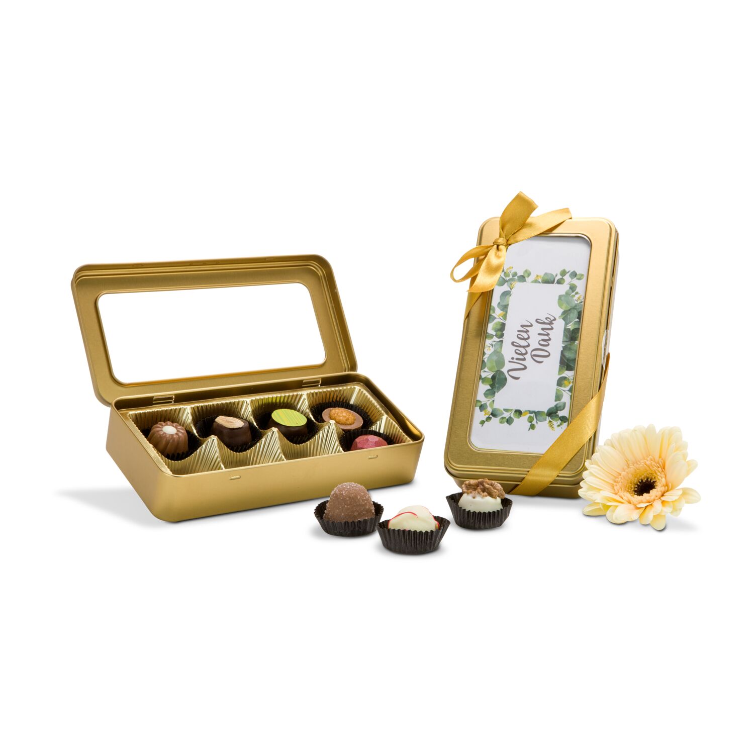 8 alkoholfreie Pralinen (100 g) verpackt in einer goldenen Dose mit Schleife und „Vielen Dank“ Einleger