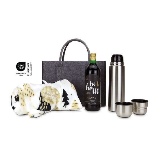 1 Flasche Glühwein (1 l), 1 ROMINOX® Isolierkanne (750 ml) und 1 Kuscheldecke Merry Christmas in veganer Filztasche (100 % recyceltes PET)