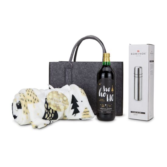 1 Flasche Glühwein (1 l), 1 ROMINOX® Isolierkanne (750 ml) und 1 Kuscheldecke Merry Christmas in veganer Filztasche (100 % recyceltes PET)
