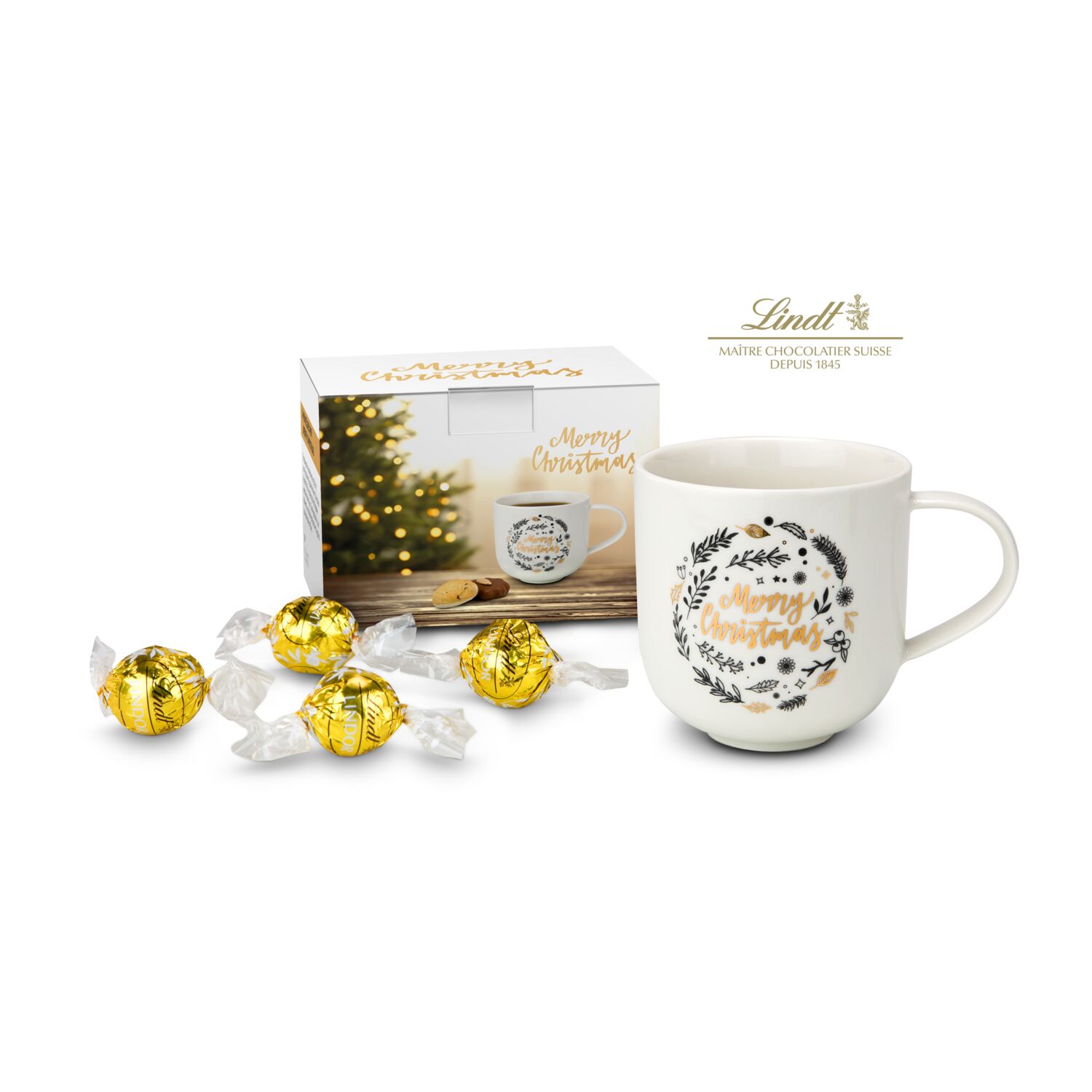 Festlicher Porzellanbecher (350 ml) mit goldener „Merry Christmas” Aufschrift gefüllt mit 4 Lindt Lindorkugeln (je 12,5 g)