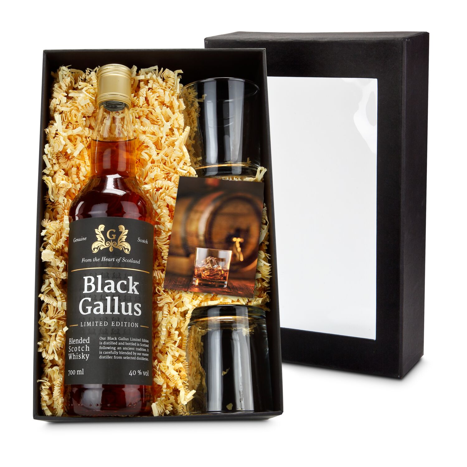 1 Black Gallus Limited Edition Whisky aus dem Herzen Schottlands kombiniert mit 2 Whiskygläsern und einem Info-Kärtchen