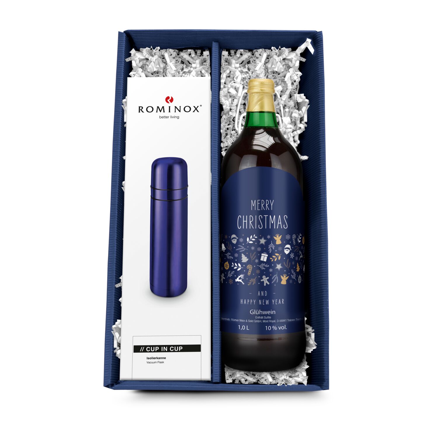 Blau in Blau: Eine blaue ROMINOX® Isolierkanne mit 2 Bechern (0,75 l) und 1 Flasche Glühwein (1 l) im blauen Geschenkkarton