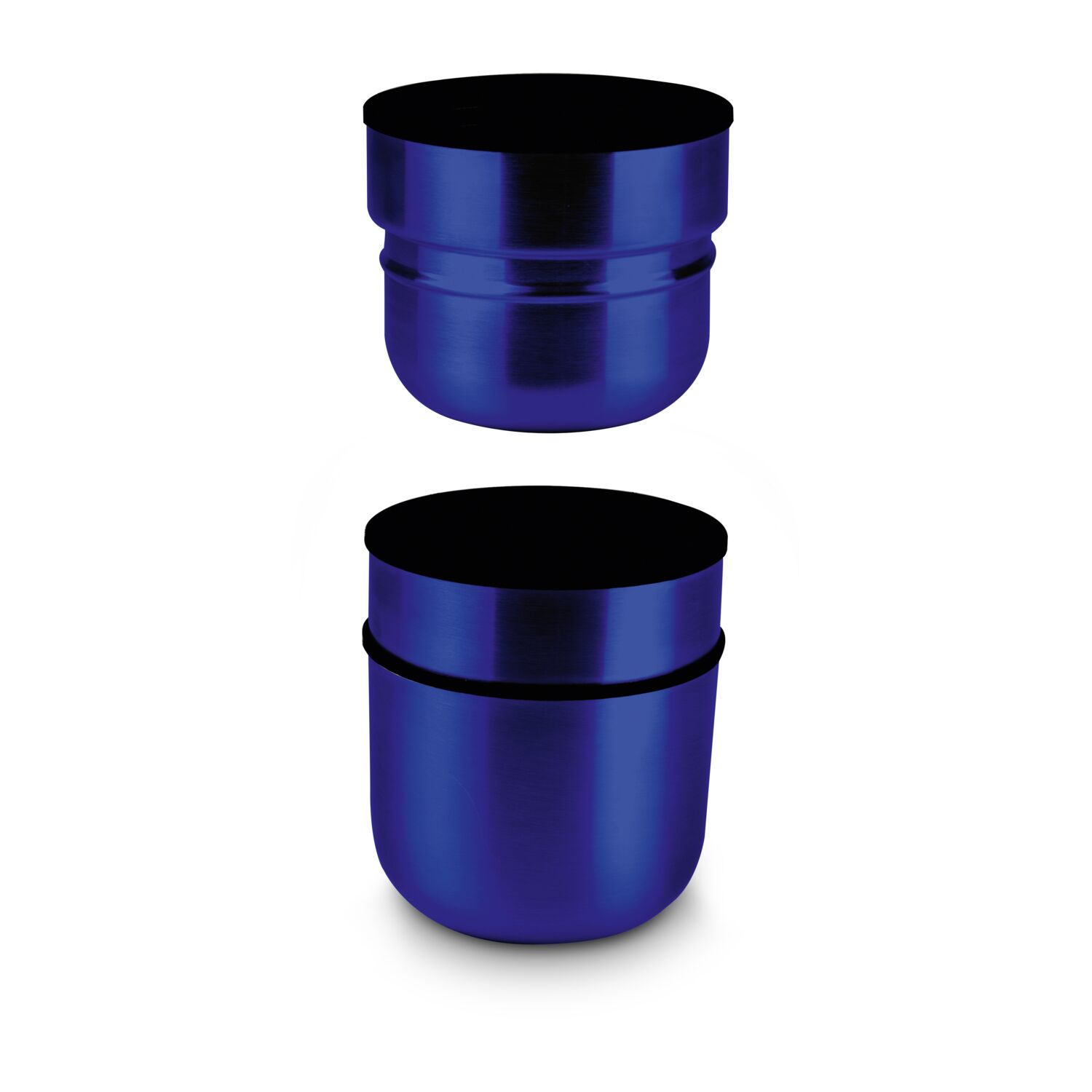 Blau in Blau: Eine blaue ROMINOX® Isolierkanne mit 2 Bechern (0,75 l) und 1 Flasche Glühwein (1 l) im blauen Geschenkkarton