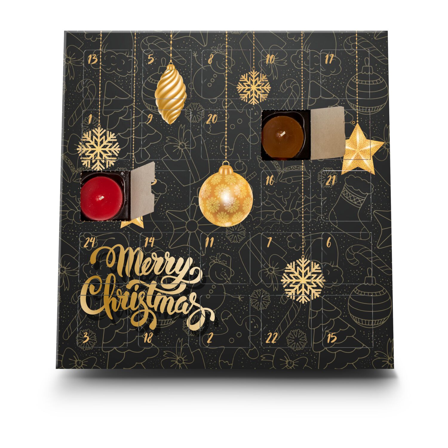 Duftkerzen Adventskalender mit 24 Teelichtern in verschiedenen Duftrichtungen in Kartonage mit schwarz-goldenem Merry Christmas Aufdruck